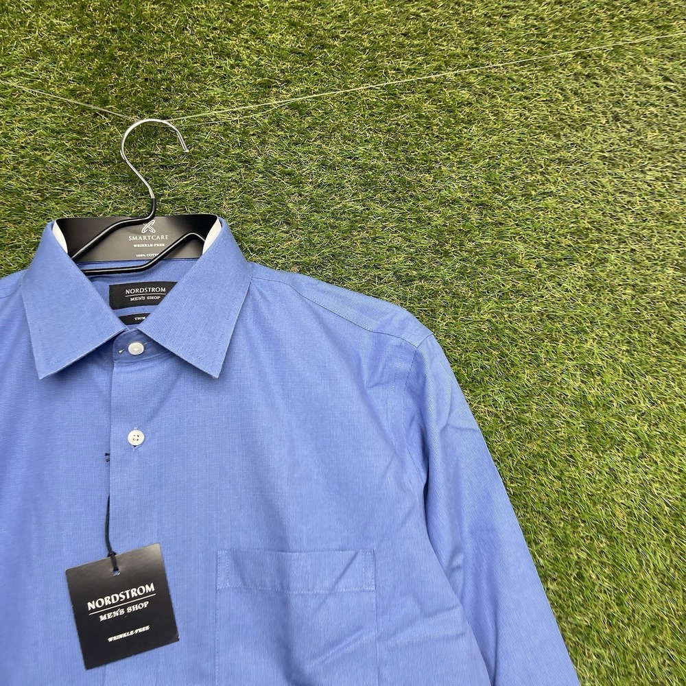 Nordstrom Dress Shirt Mens 15.5 32/33 Long Sleeve Trim Fit Non Iron Blue NWT